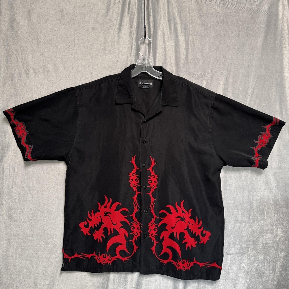 No Boundaries Shirt Mens XL Black‎ Red Tribal Dragon Button Up Camp Short Sleeve